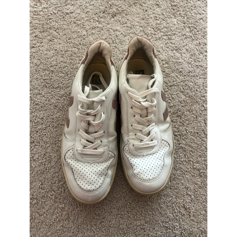 Madewell x Veja Leather V-10‎ Lace-Up Sneakers in White with Pink Size 7 EU 38 - Picture 2 of 8